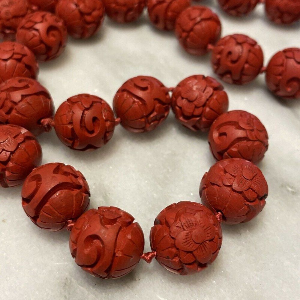Vintage 29" Carved Red Faux Chinese Cinnabar Bead Necklace Knotted Slip On Boho